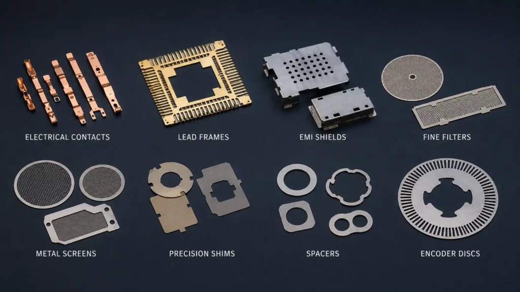 Typical_photo-etched_contacts_lead_frames_EMI_shields_filters_shims_and_encoder_discs