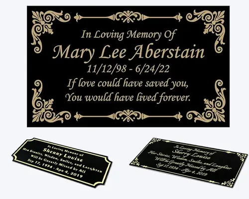 This is a custom metal engraved plaque specially crafted by our company for clients. Designed for outdoor use, typically on gravestones, it effectively withstands the challenges posed by weather and time.