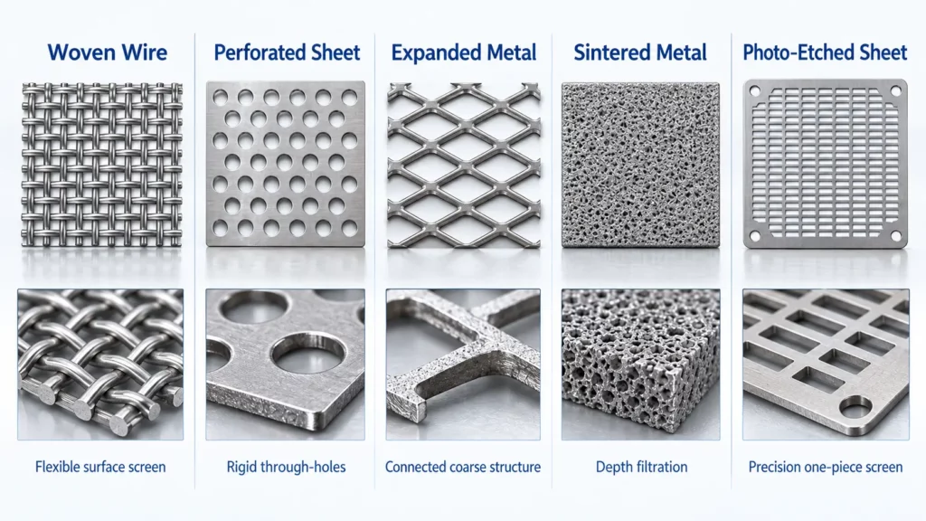 Comparison_of_woven_perforated_expanded_sintered_and_photo-etched_filter_mesh_structures