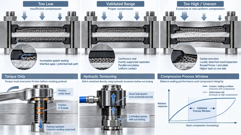 Alkaline_electrolyzer_stack_compression_window_and_hydraulic_bolt_tensioning_principle