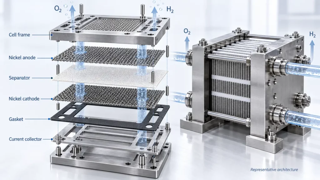 Exploded_alkaline_electrolyzer_cell_components_and_assembled_stack_structure