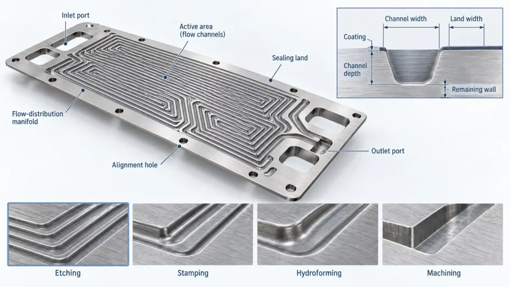 Metal_PEM_electrolyzer_flow-field_plate_showing_channels_ports_sealing_lands_and_critical_dimensions