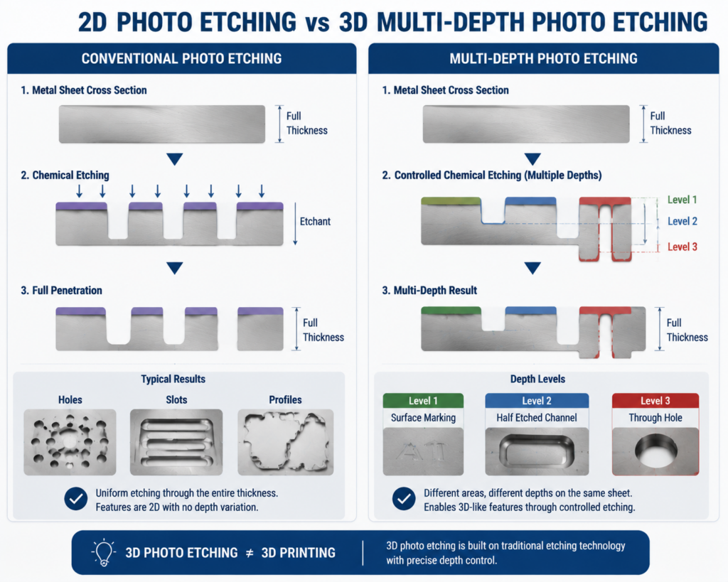 Comparison between conventional photo etching and multi-depth photo chemical etching
