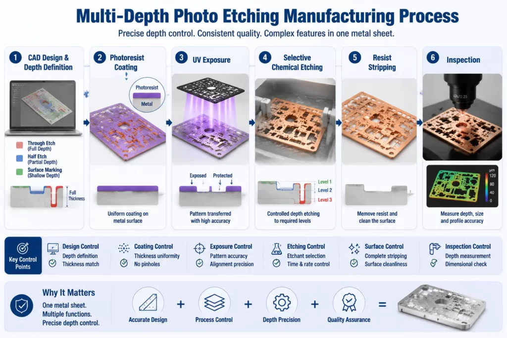 Multi-depth photo chemical etching process steps from design to inspection