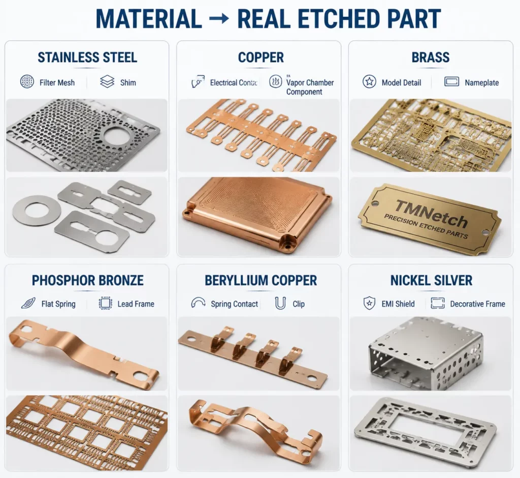 Stainless steel copper brass phosphor bronze beryllium copper and nickel silver etched parts