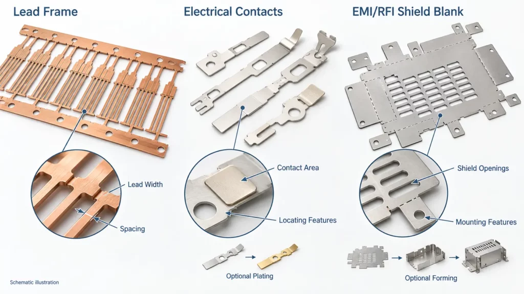Chemically_etched_lead_frames_electrical_contacts_and_EMI_shielding_components