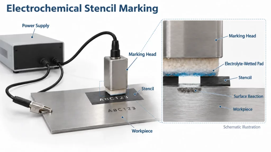 Electrochemical_stencil_marking_with_power_supply_marking_head_electrolyte_and_workpiece