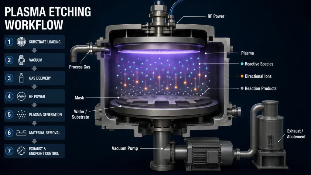 General plasma etching process inside a controlled vacuum chamber