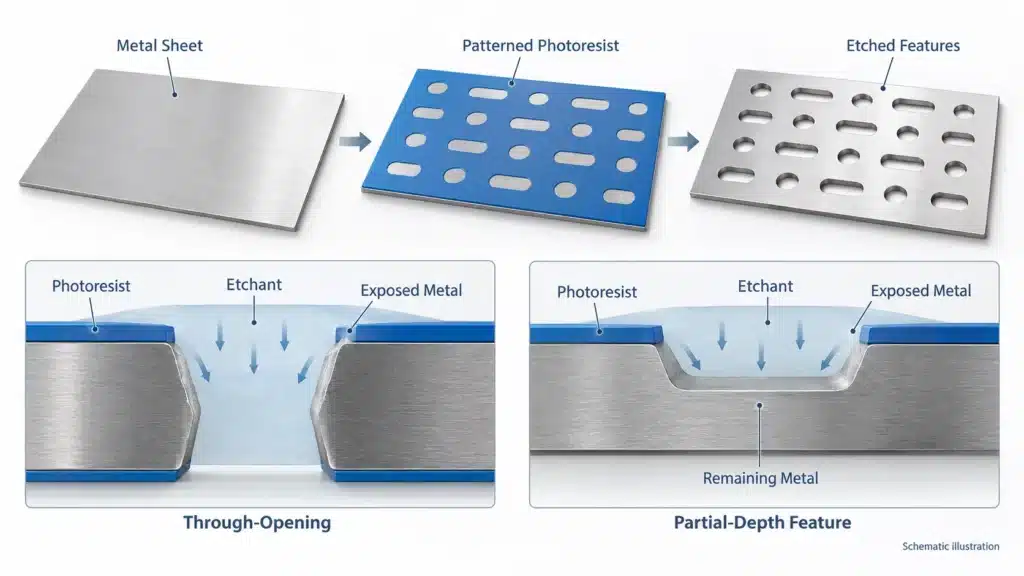 Photochemical_etching_showing_photoresist_masking_through-openings_and_partial-depth_features
