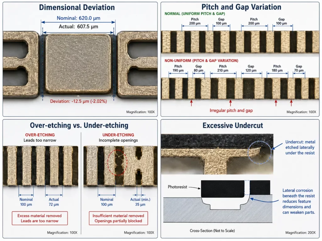 Dimensional deviation pitch variation over-etching and undercut in lead frames