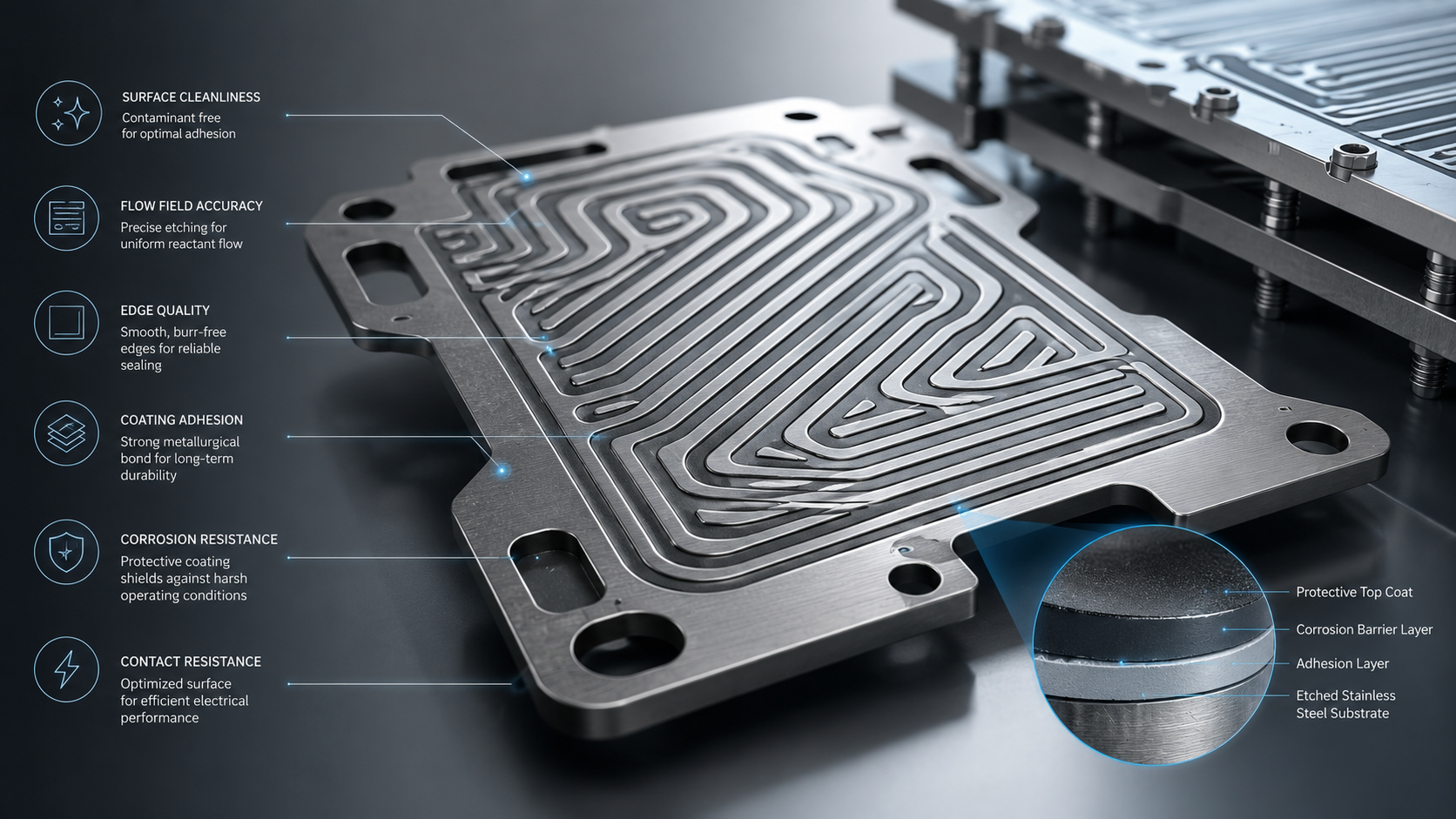 Etched bipolar plates with coating performance concept