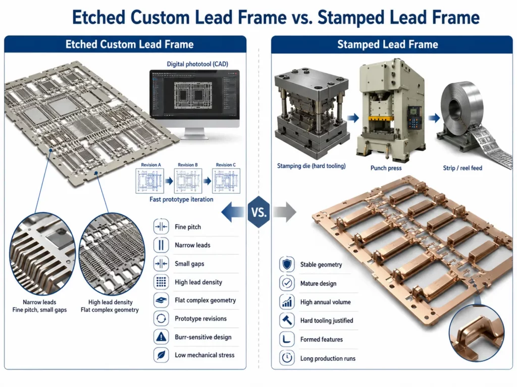Etched versus stamped lead frames for fine-pitch prototypes and stable high-volume production