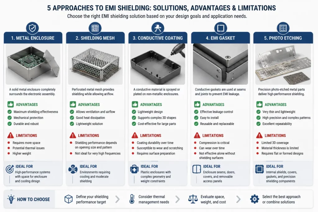 Comparison of EMI shielding methods metal enclosure mesh conductive coating gasket and photo etching