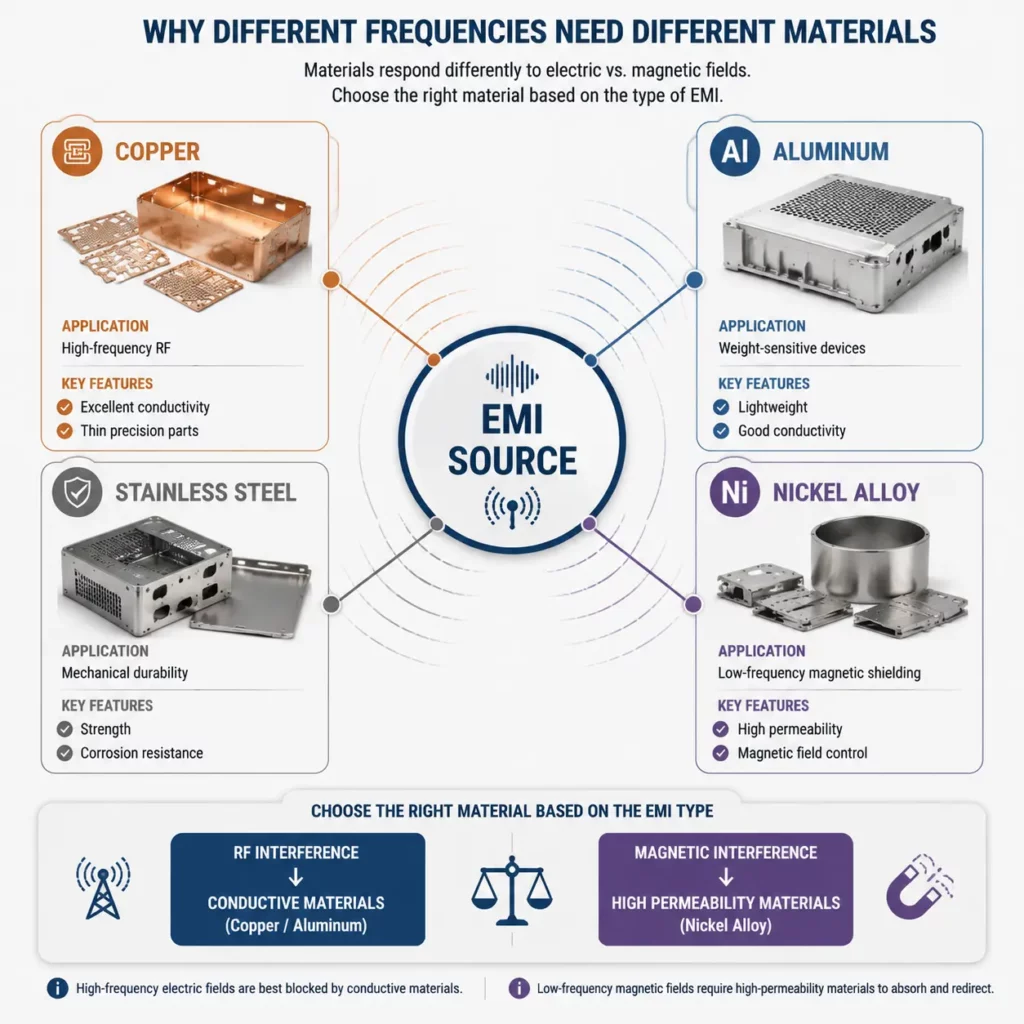 Copper aluminum stainless steel nickel alloy EMI shielding material comparison