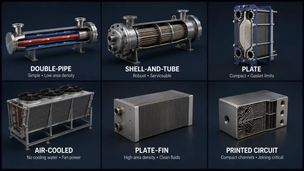 Double-pipe_shell-and-tube_plate_air-cooled_plate-fin_and_printed-circuit_heat_exchangers