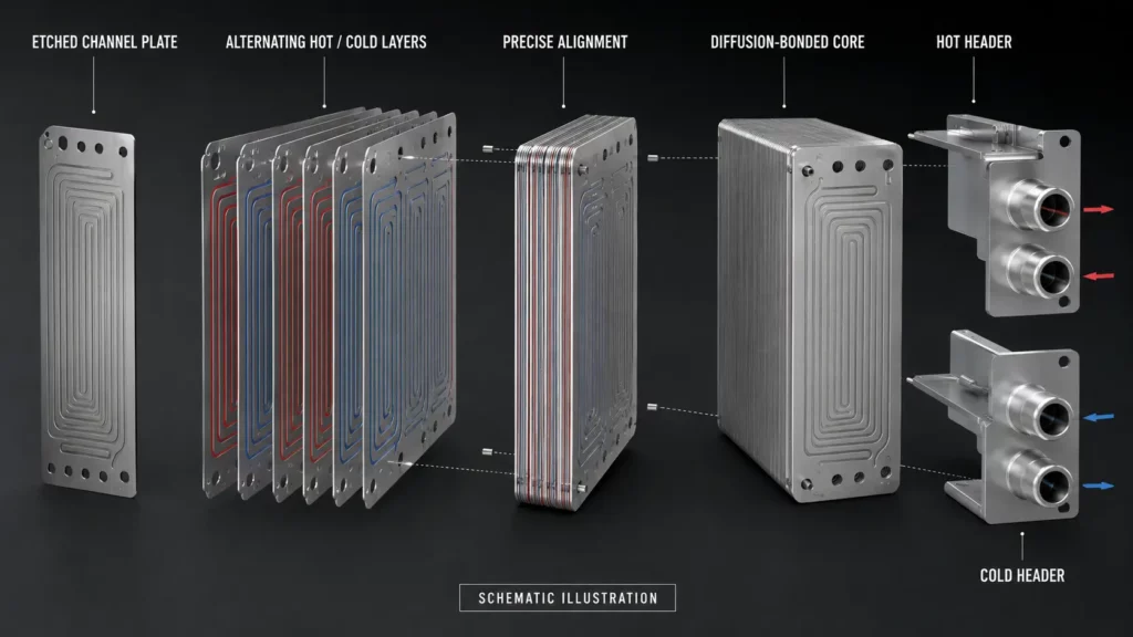 Exploded_view_of_etched_channel_plates_stacked_in_a_printed_circuit_heat_exchanger_core