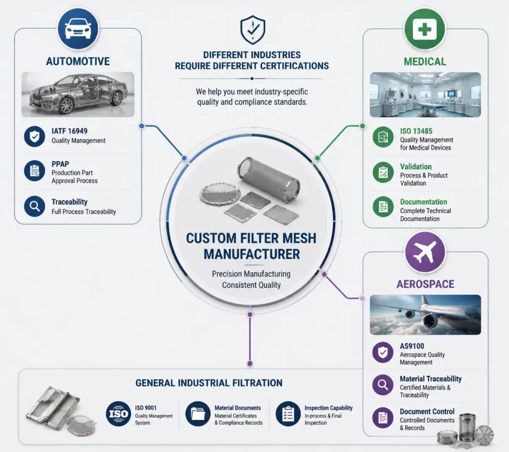 Filter mesh certification requirements for automotive medical aerospace industries