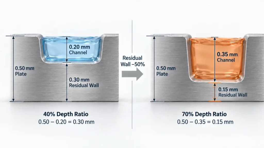 Comparison of 0.20 mm and 0.35 mm channels in a 0.50 mm stainless steel plate