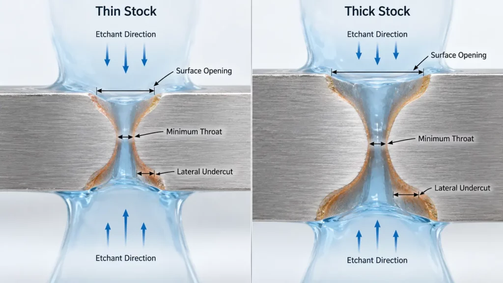 Comparison of through-hole etching and lateral undercut in thin and thick stainless steel plates