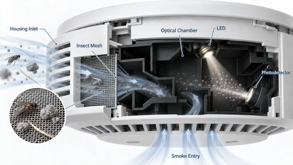Cross-section_of_a_photoelectric_smoke_detector_showing_the_insect_mesh_optical_chamber_and_smoke-entry_path.