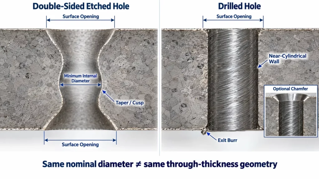 Cross-sectional_comparison_of_a_double-sided_etched_hole_and_a_near-cylindrical_drilled_hole