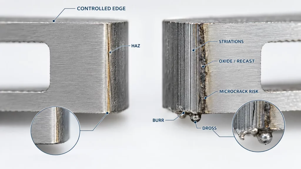 cut_316L_stainless_steel_edge_showing_heat-affected_zone_burr_and_dross