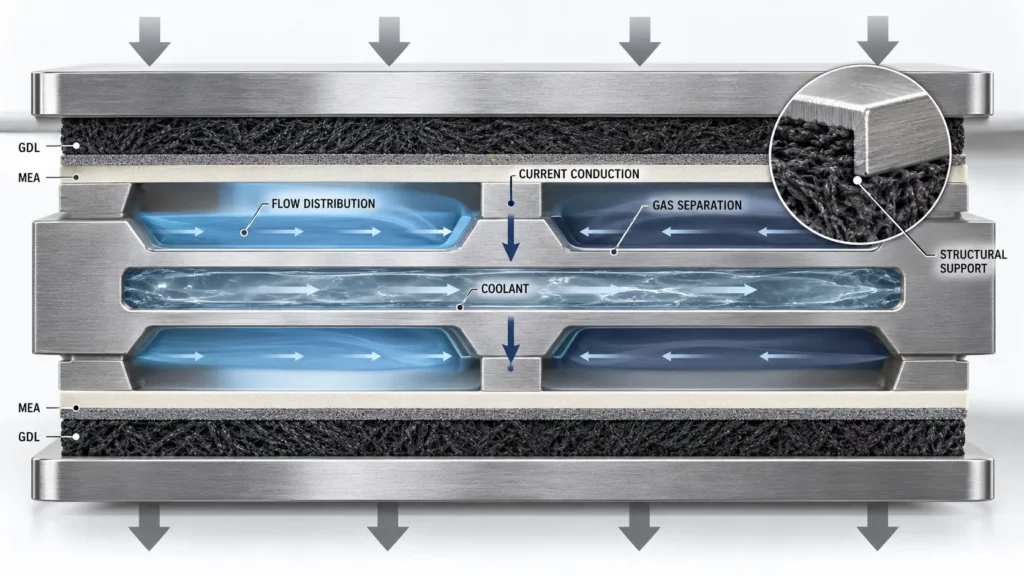 Metallic_bipolar_plate_functions_inside_a_PEM_fuel_cell_stack