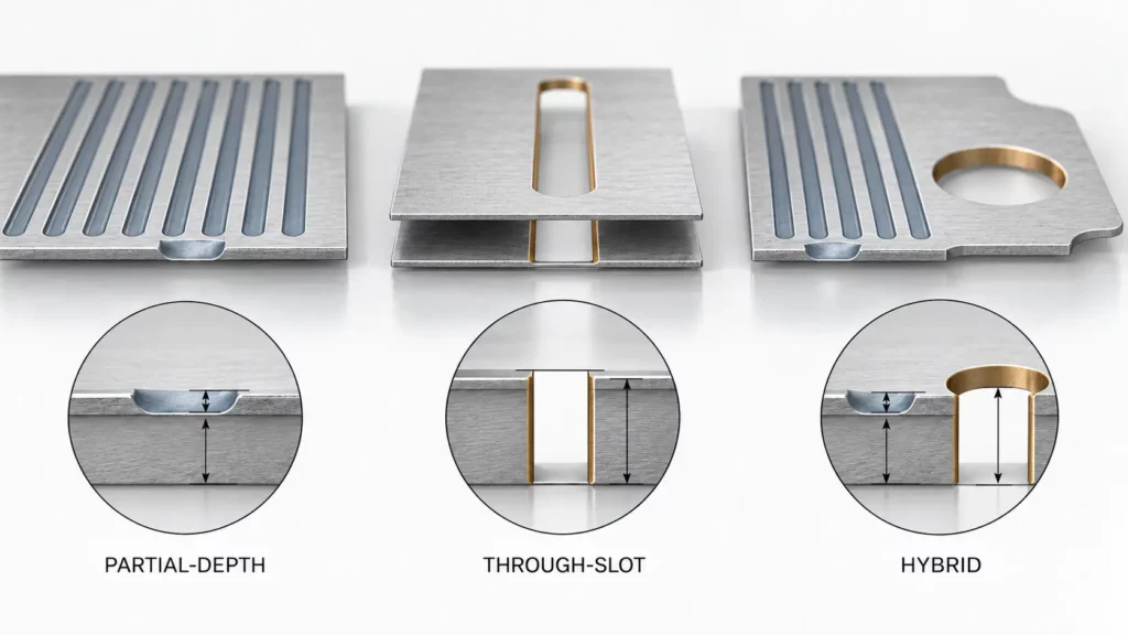 Partial-depth_channels_through-slots_and_hybrid_heat_exchanger_plate_structures