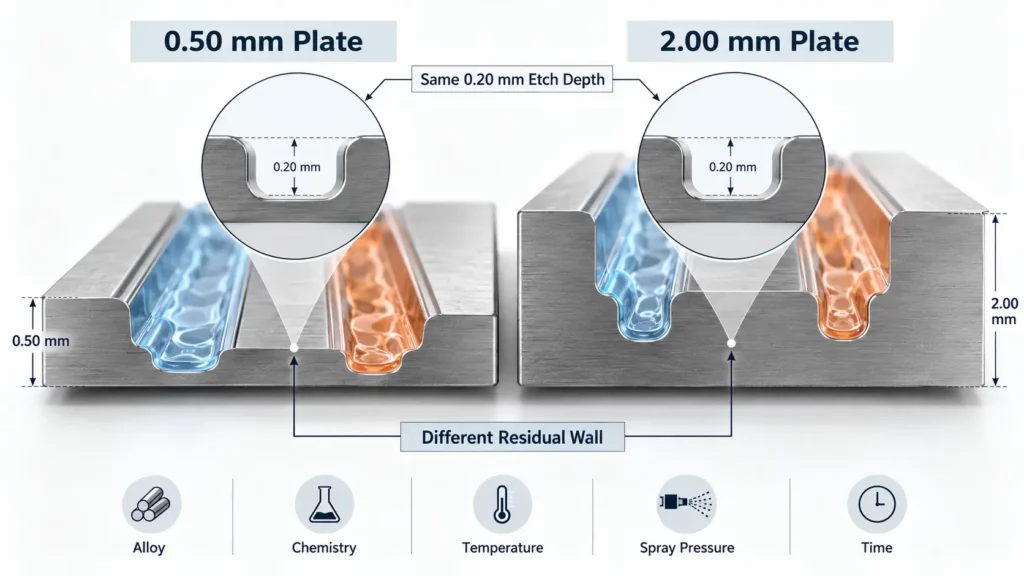 Partial-depth channels with equal etch depth in different plate thicknesses