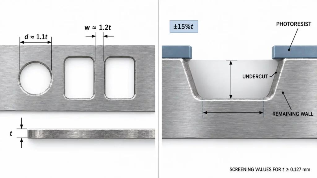 Photochemical_etching_undercut_and_minimum_feature_relationships_based_on_material_thickness
