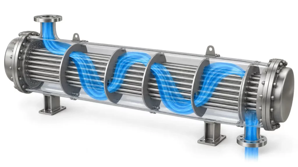 Shell-side_fluid_redirected_across_a_tube_bundle_by_alternating_segmental_baffle_plates