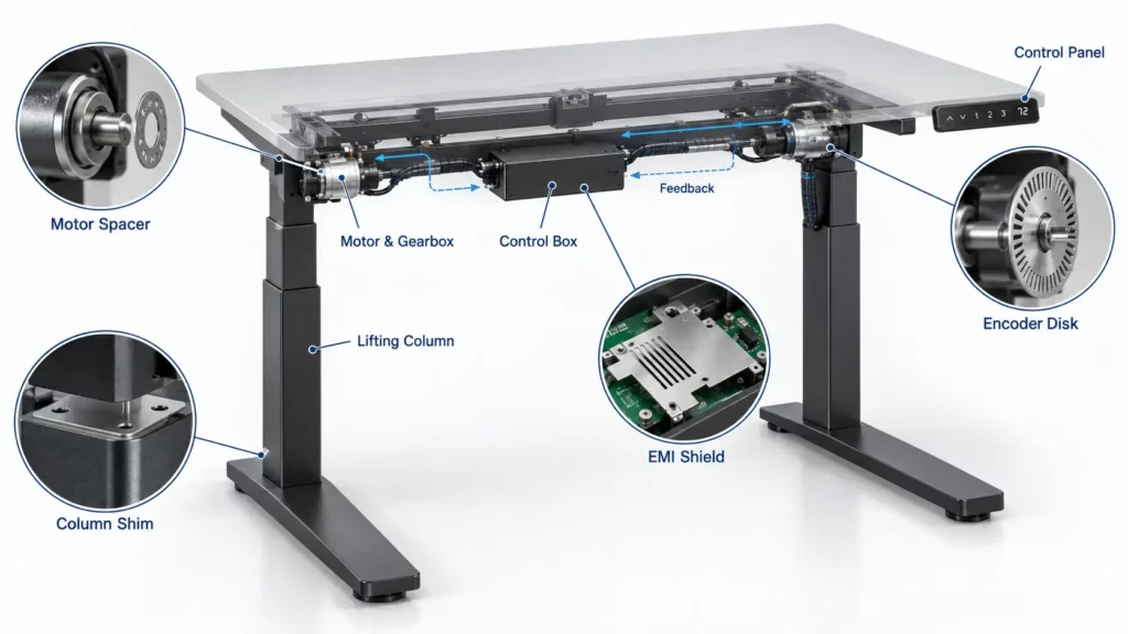 Smart_standing_desk_system_showing_control_box_actuator_feedback_and_precision_etched_components