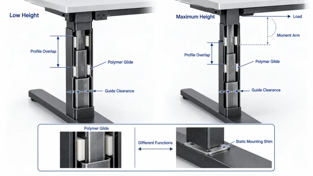 Telescoping_standing_desk_column_showing_profiles_polymer_glides_and_guide_clearance